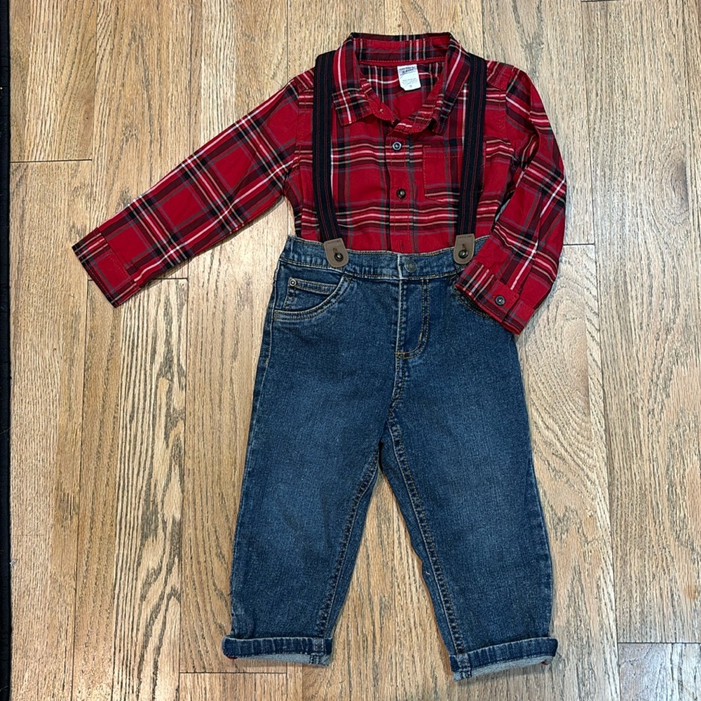 NWOT Carter’s cotton jeans and shirt with suspenders.